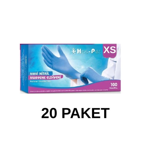 Has-Pet Mavi Pudrasız Nitril Muayene Eldiveni XS 100 Lü 20 Paket