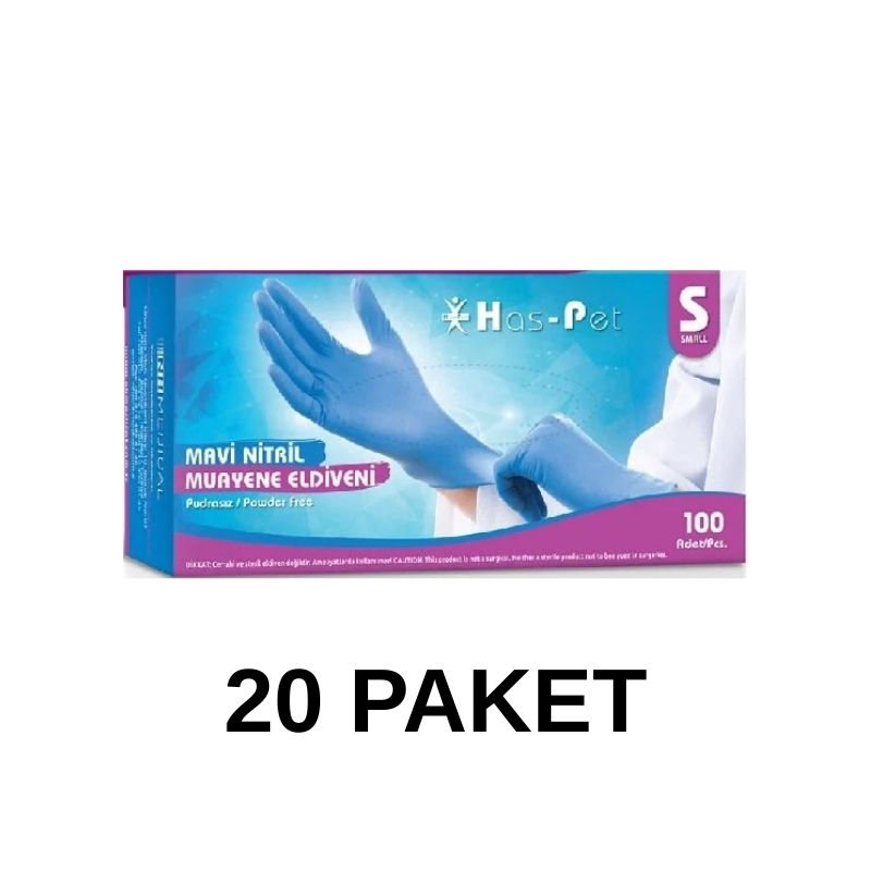 Has-Pet Mavi Pudrasız Nitril Muayene Eldiveni Small 100 Lü 20 Paket