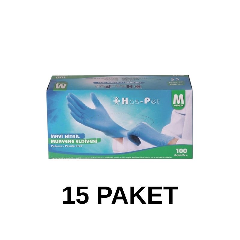 Has-Pet Mavi Pudrasız Nitril Muayene Eldiveni Medium 100 Lü 15 Paket