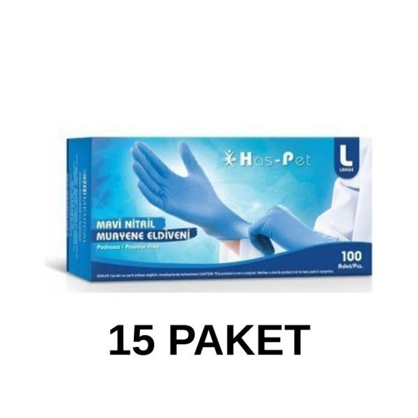 Has-Pet Mavi Pudrasız Nitril Muayene Eldiveni Large 100 Lü 15 Paket