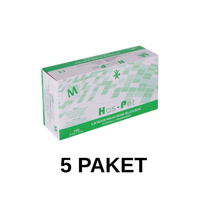 Has-Pet Pudralı Lateks Muayene Eldiveni Medium 100 Lü 5 Paket