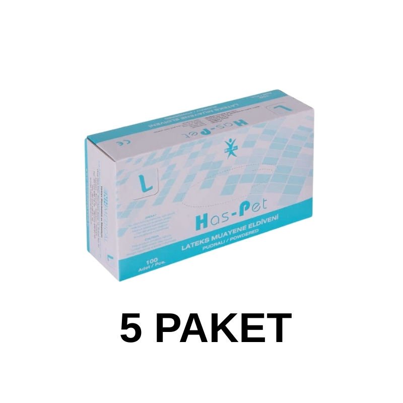 Has-Pet Pudralı Lateks Muayene Eldiveni Large 100 Lü 5 Paket