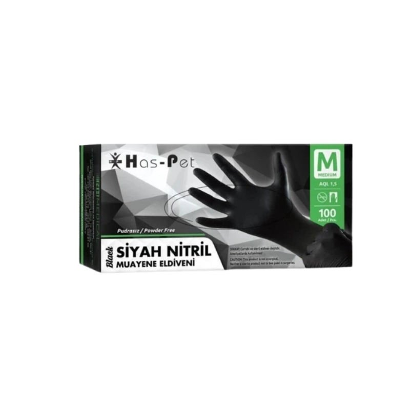 Has-Pet Black Powder-Free Nitrile Examination Gloves Medium 100 Pcs