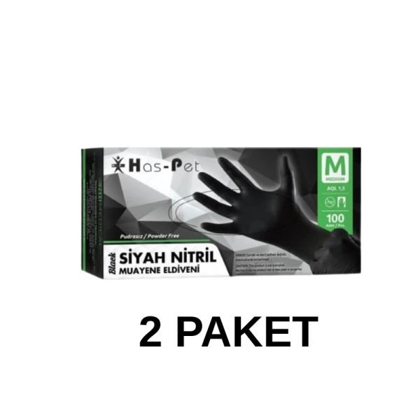 Has-Pet Siyah Pudrasız Nitril Muayene Eldiveni Medium 100 Lü 2 Paket
