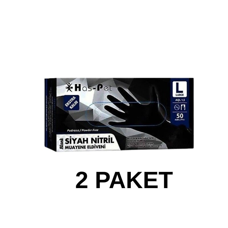 Has-Pet Siyah Pudrasız Nitril Ekstra Kalın Muayene Eldiveni Large  50 Li 2 Paket