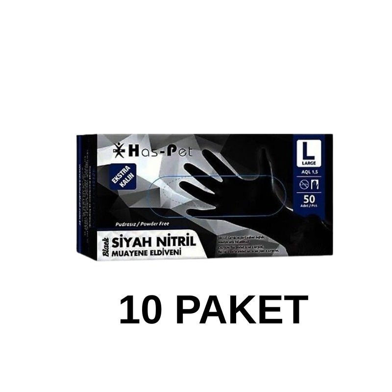 Has-Pet Siyah Pudrasız Nitril Ekstra Kalın Muayene Eldiveni Large  50 Li 10 Paket