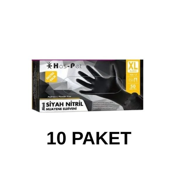 Has-Pet Siyah Pudrasız Nitril Ekstra Kalın Muayene Eldiveni XL  50 Li 10 Paket