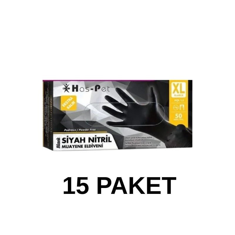 Has-Pet Siyah Pudrasız Nitril Ekstra Kalın Muayene Eldiveni XL  50 Li 15 Paket