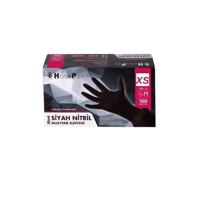 Has-Pet Black Powder-Free Nitrile Examination Gloves XS 100 Pcs