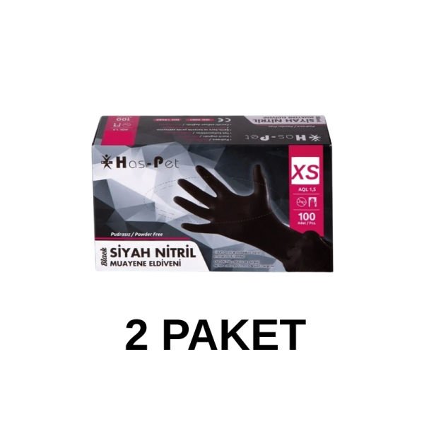 Has-Pet Siyah Pudrasız Nitril Muayene Eldiveni XS 100 Lü 2 Paket