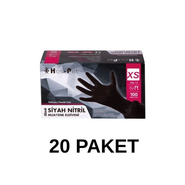 Has-Pet Siyah Pudrasız Nitril Muayene Eldiveni XS 100 Lü 20 Paket