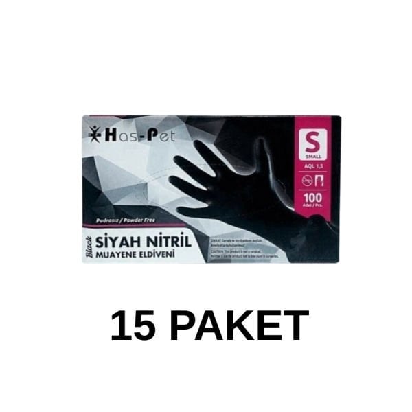 Has-Pet Siyah Pudrasız Nitril Muayene Eldiveni S 100 Lü 15 Paket