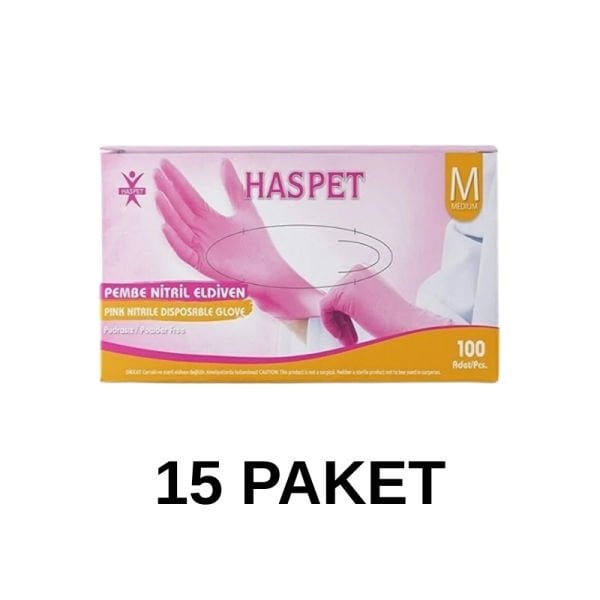 Has-Pet Pembe Pudrasız Nitril Muayene Eldiveni Medium 100 Lü 15 Paket