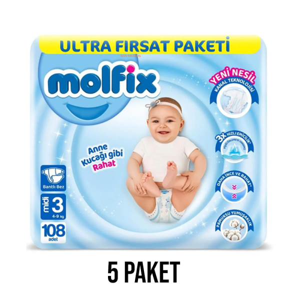 Molfix Bantlı Bebek Bezi 3 Beden Midi 108 Li 5 Paket