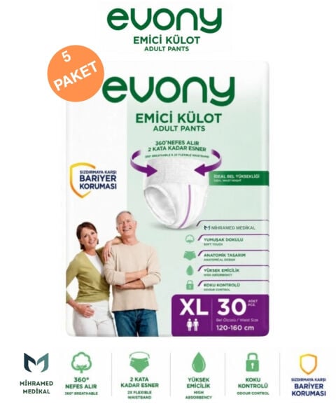 Evony Emici Külot Yetişkin Hasta Bezi XL Beden 30 Lu 5 Paket