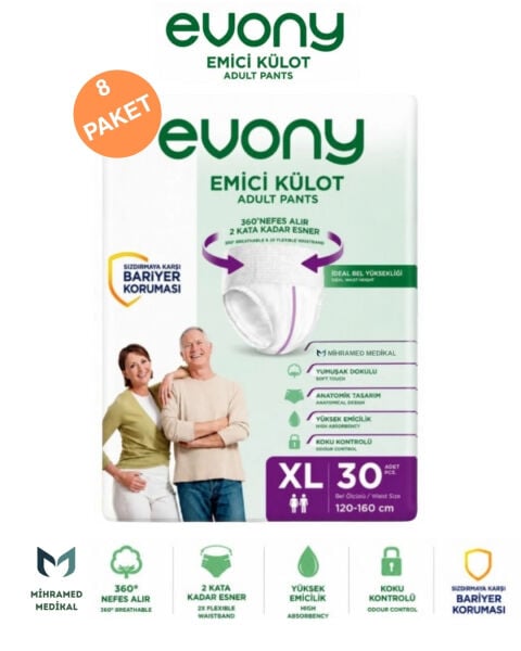 Evony Emici Külot Yetişkin Hasta Bezi XL Beden 30 Lu 8 Paket