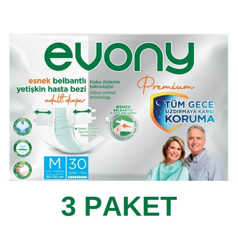 Evony Premium Esnek Belbantlı Yetişkin Hasta Bezi M 30 Lu 3 Paket