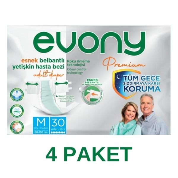 Evony Premium Esnek Belbantlı Yetişkin Hasta Bezi M 30 Lu 4 Paket