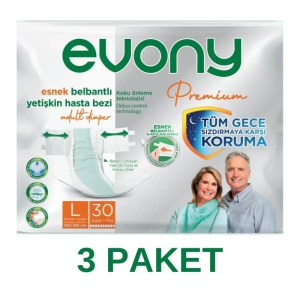 Evony Premium Esnek Belbantlı Yetişkin Hasta Bezi L 30 Lu 3 Paket