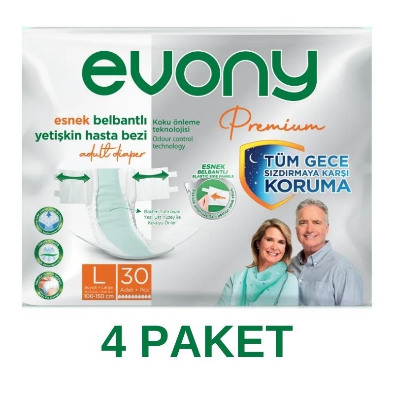 Evony Premium Esnek Belbantlı Yetişkin Hasta Bezi L 30 Lu 4 Paket