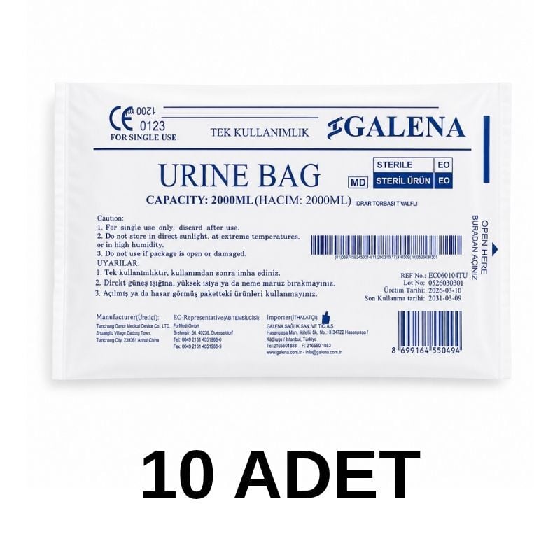 Galena T Musluklu Kontrol Valfli Steril İdrar Torbası 2000 ml Paket 10 Paket