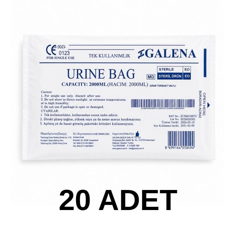 Galena T Musluklu Kontrol Valfli Steril İdrar Torbası 2000 ml Paket 20 Paket