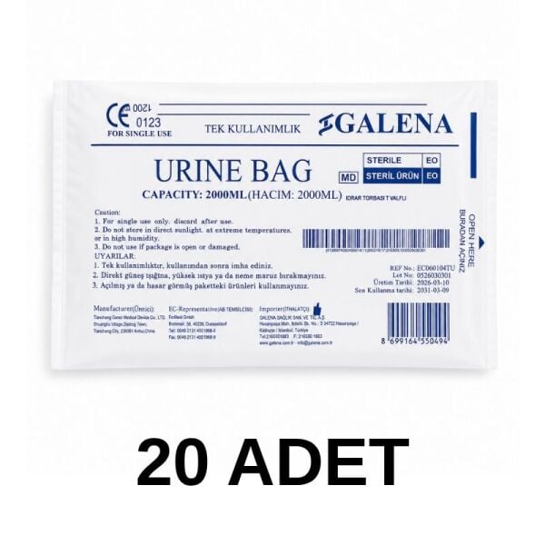 Galena T Musluklu Kontrol Valfli Steril İdrar Torbası 2000 ml Paket 20 Paket