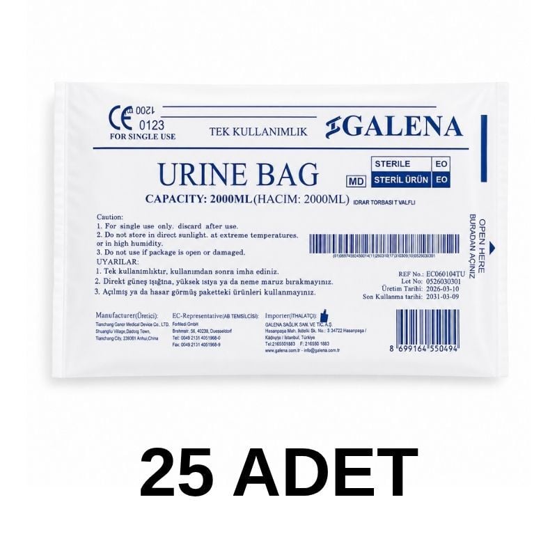 Galena T Musluklu Kontrol Valfli Steril İdrar Torbası 2000 ml Paket 25 Paket