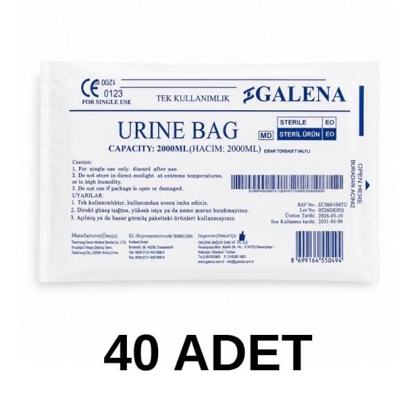 Galena T Musluklu Kontrol Valfli Steril İdrar Torbası 2000 ml Paket 40 Paket