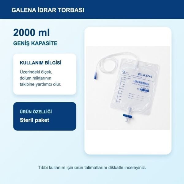 Galena T Musluklu Kontrol Valfli Steril İdrar Torbası 2000 ml Paket 50 Paket