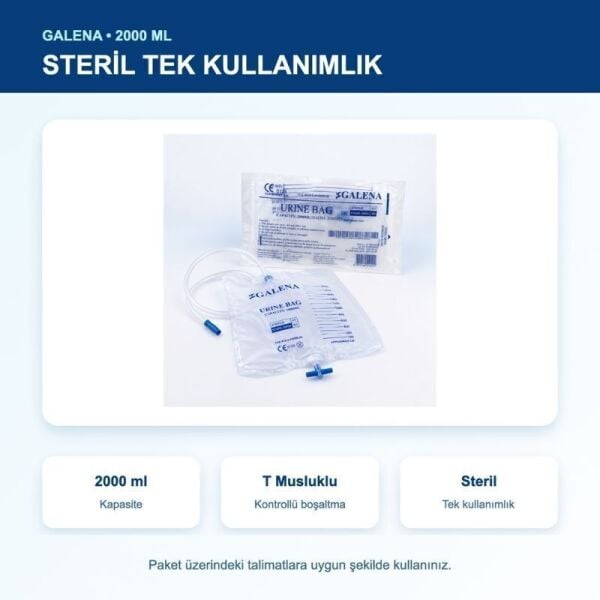 Galena T Musluklu Kontrol Valfli Steril İdrar Torbası 2000 ml Paket 50 Paket