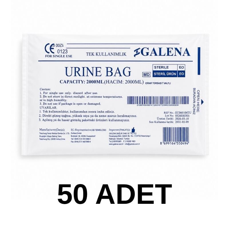 Galena T Musluklu Kontrol Valfli Steril İdrar Torbası 2000 ml Paket 50 Paket