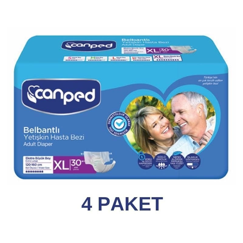 Canped Belbantlı Tekstil Yüzeyli Yetişkin Hasta Bezi XL 30 Lu 4 Paket