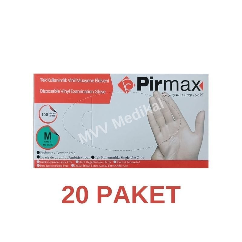 Pirmax Tek Kullanımlık Vinil Muayene Eldiveni Medium 100 Adet 20 Paket