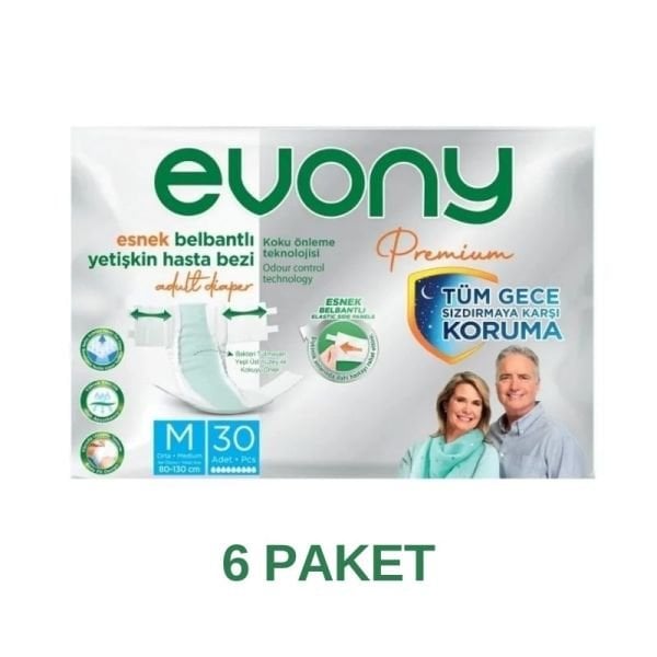Evony Premium Esnek Belbantlı Yetişkin Hasta Bezi M 30 Lu 6 Paket