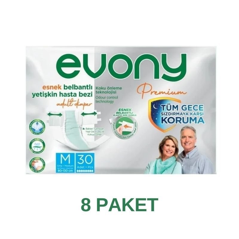 Evony Premium Esnek Belbantlı Yetişkin Hasta Bezi M 30 Lu 8 Paket