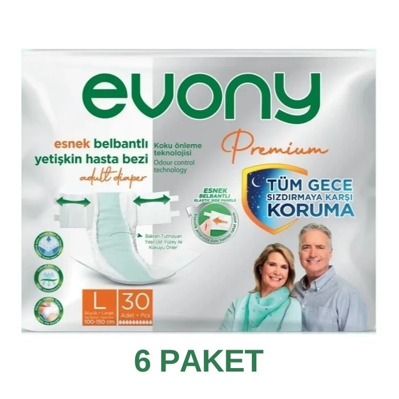 Evony Premium Esnek Belbantlı Yetişkin Hasta Bezi L 30 Lu 6 Paket