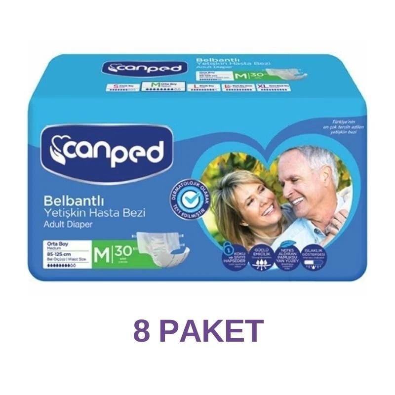 Canped Belbantlı Tekstil Yüzeyli Yetişkin Hasta Bezi M 30 Lu 8 Paket