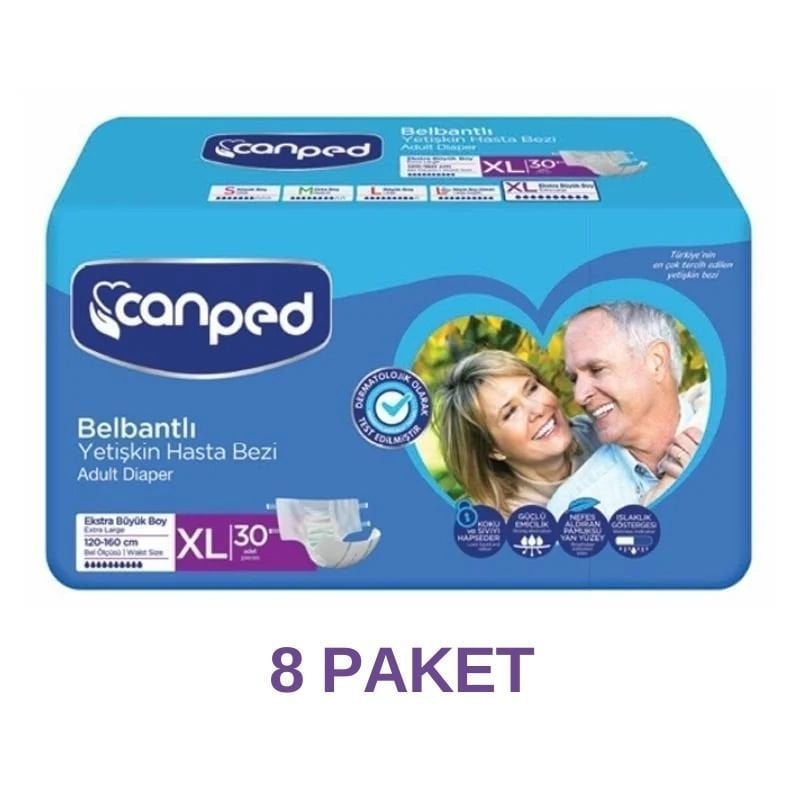 Canped Belbantlı Tekstil Yüzeyli Yetişkin Hasta Bezi XL 30 Lu 8 Paket