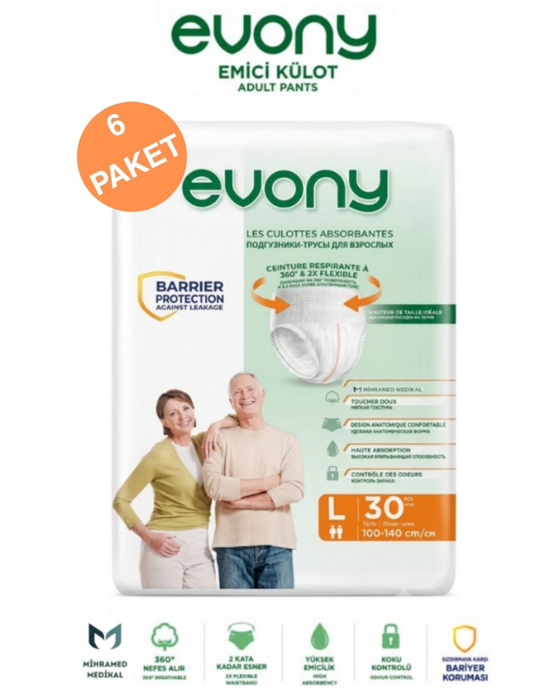 Evony Emici Külot Yetişkin Hasta Bezi L 30 Lu 6 Paket