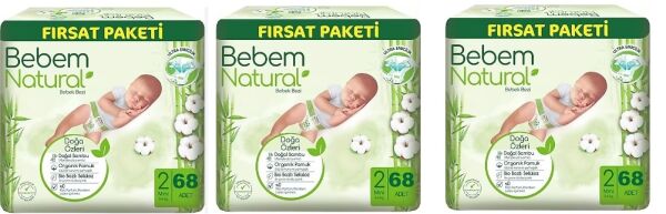 Bebem Natural Mini Bebek Bezi 2 Numara 68 Adet 3 Paket