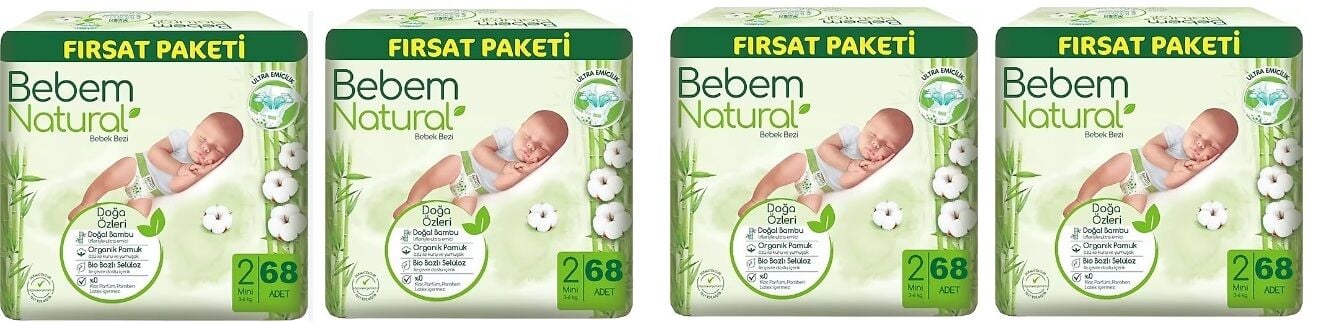 Bebem Natural Mini Bebek Bezi 2 Numara 68 Adet 4 Paket