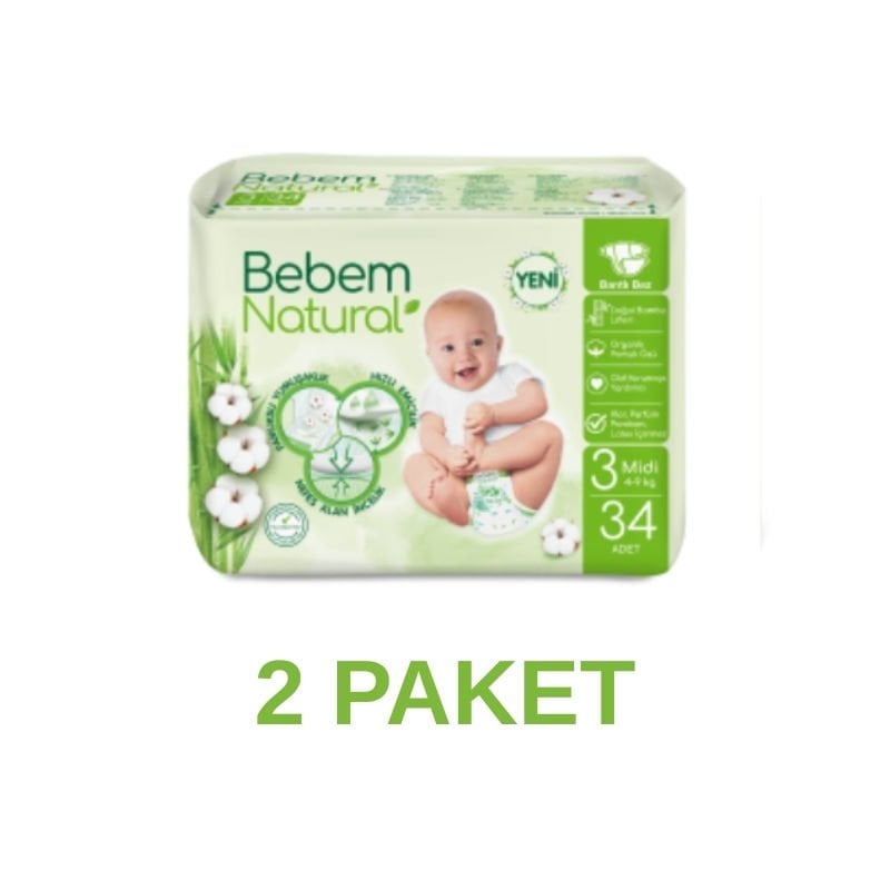 Bebem Natural Midi Bebek Bezi 3 Numara 34 Adet 2 Paket